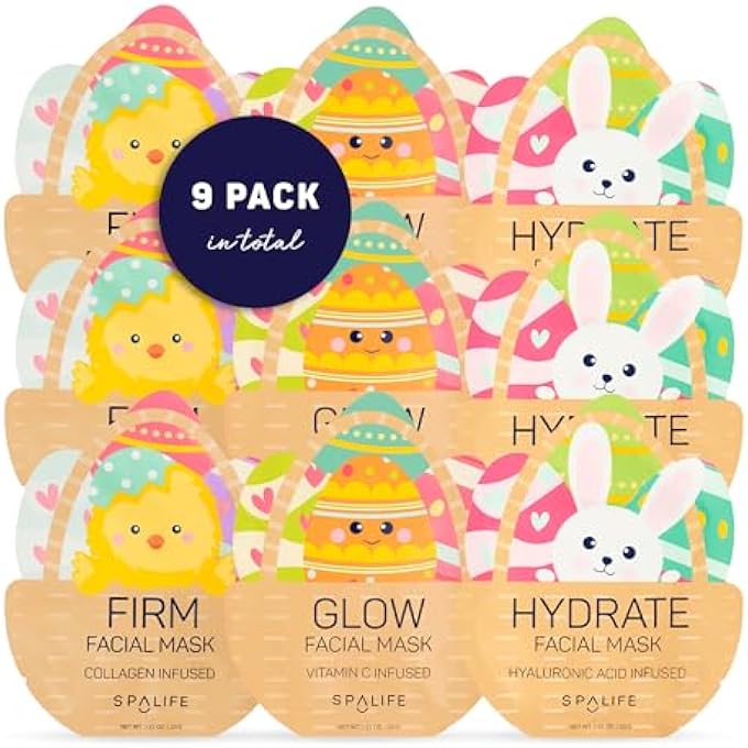 SpaLife SPRING & EASTER FACIAL MASKS (9PACK) - HYALURONIC ACID, COLLAGEN, VITAMIN C INFUSED - REDUCES DARK CIRCLES, HYDRATES, FIRMS SKIN - SKIN CARE MASKS FOR PUFFINESS, FINE LINES & WRINKLES - Image 1
